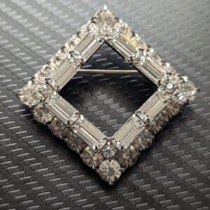 Vintage Silver Tone Clear Rhinestone Square Brooch